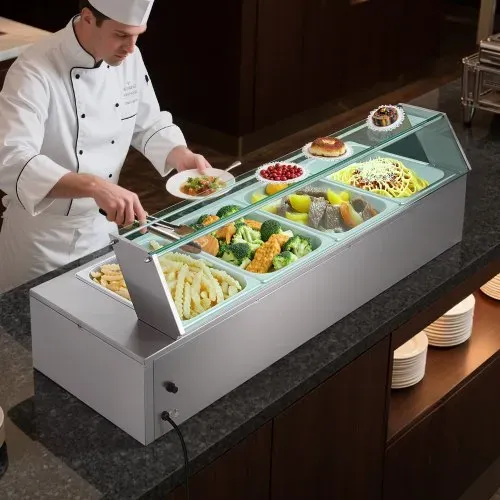 VEVOR kommerzieller Speisenwärmer (4 x 1/2 Größe Behälter), 1,5 kW elektrischer Wärmebehälter aus Edelstahl mit Glasabdeckung & Suppenkelle, Chafing Dishes Set für Catering Restaurant Party – Bild 7