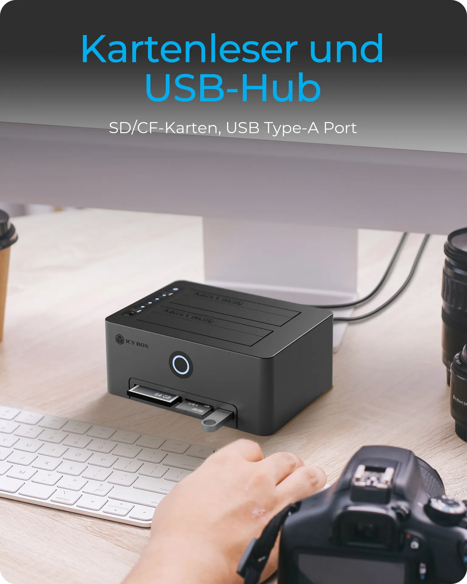 ICY BOX IB-1233CL-CR, HDD Docking & Klonstation mit Kartenlesern CF + SD und USB Hub, USB 3.2 Gen1 (5 Gbit/s) – Bild 6