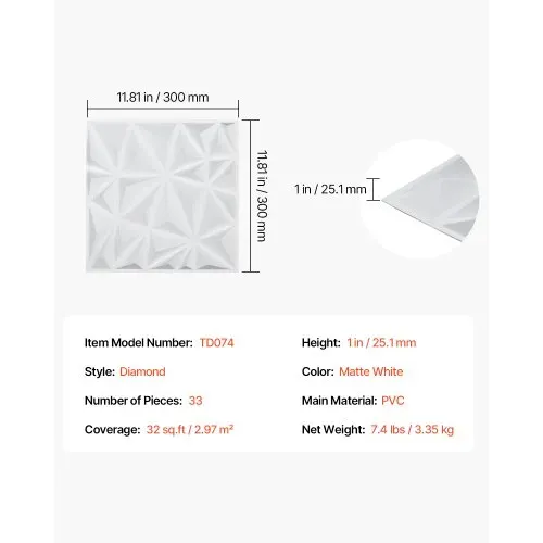 VEVOR 3D-Wandpaneele 33er-Set, 30x30 cm PVC-Moderne minimalistische Wandverkleidung, 2,97 m² Deckkraft, Wanddeko, Inneneinrichtung für Decke, Schlafzimmer, Wohn- und Spielzimmer, Mattweiß – Bild 6