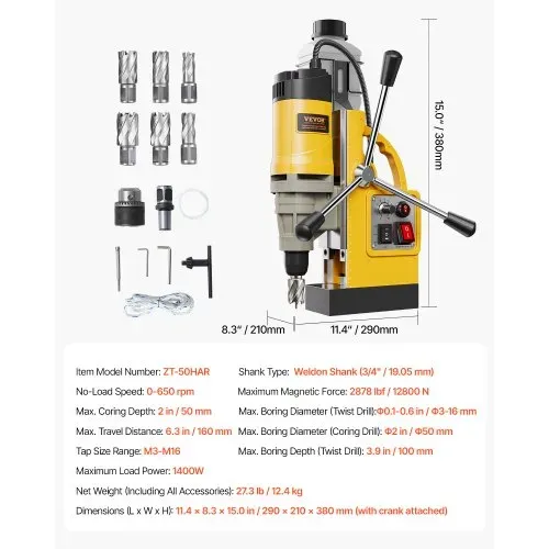 VEVOR Magnetbohrmaschine Kernbohrmaschine 1400 W φ50 mm, 12800 N tragbare elektrische Magnetbohrmaschine mit 6 Kernbohrern, 650 U/min Bohrmaschine für Metalloberflächen Industrie Heimwerker Gelb – Bild 6