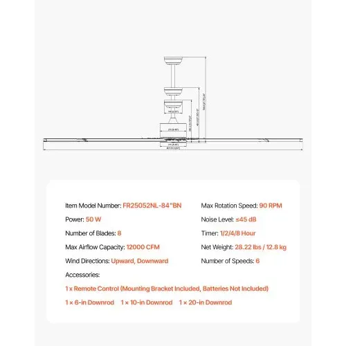 VEVOR 214 cm Deckenventilator ohne Beleuchtung, 6-Gang-Fernbedienung, 8 Flügel, umkehrbarer Gleichstrommotor, Ventilator für Schlafzimmer, Wohnzimmer, Terrasse, Innen-/Außenbereich, gebürstetes Nickel – Bild 6
