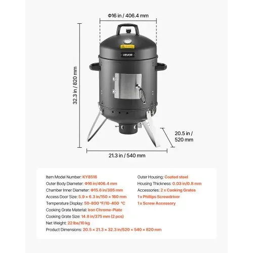 VEVOR Räuchertonne, 40 cm vertikaler Holzkohlegrill, beschichteter Stahlgrill mit 2 Grillrosten, Thermometer, Lüftungsöffnungen & herausnehmbarer Ascheschale, BBQ Räucherofen für Grillpartys – Bild 6