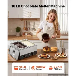 VEVOR Schokoladenschmelzmaschine 2 Abnehmbare Behälter Edelstahl 800+800 W, für Bäckereien, Restaurants, Separate Temperaturregelung je Behälter, 30–85 °C Trockenlaufschutz, Schokoladentempiermaschine VEVOR Schokoladenschmelzmaschine 2 Abnehmbare Behälter Edelstahl 800+800 W, für Bäckereien, Restaurants, Separate Temperaturregelung je Behälter, 30–85 °C Trockenlaufschutz, Schokoladentempiermaschine