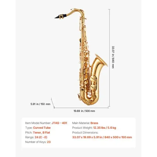 VEVOR Tenorsaxophon, B-Dur, Messingsaxophon-Anfängerset mit Tragetasche, Mundstück, Gurten, Reinigungstuch, Handschuhen, Umhängeband, 23-Tasten-Tenorsaxophon-Set, für Anfänger & Schüler, Gold – Bild 6