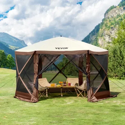 VEVOR Pop-Up-Pavillonzelt, Pop-Up-Zelt mit 6-seitigem Baldachin, Sonnenschutz mit 6 abnehmbaren Sichtschutz-Windtüchern und Netzfenstern, 3,5 x 3,5 m, Schnellaufbau-Zelt mit Moskitonetz, braun – Bild 7