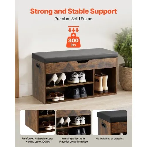 VEVOR Schuhregalbank Schuhbank (805 x 305 x 445 mm), Eingangsbereichsbank mit anhebbarem Stauraum & Polster, Schuhregal mit 3 Fächern (136 kg belastbar), für Haustür Flur Wohnzimmer Schwarz – Bild 2