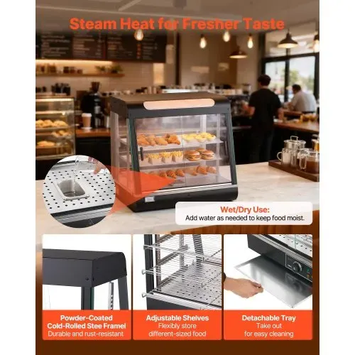 VEVOR 3-stöckige Wärmetheke 100 L, Warmhaltevitrine 1200 W, Warmhaltetheke 30–85 °C, Speisenwärmer mit LED-Beleuchtung & Verstellbaren Ablagen, Speisevitrine für Hamburger Pizza Brot Brathähnchen – Bild 5