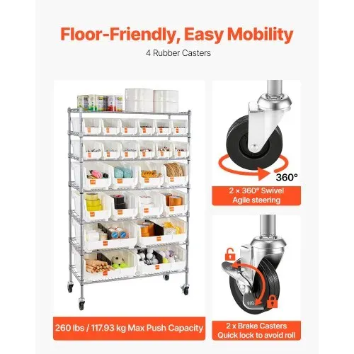 VEVOR Standregal, Lagerregal mit 7 Ebenen & 24 Stapelboxen, Bücherregal, Küchenregal mit Rollen, Werkzeugaufbewahrung für Garage, Lager, Büro, Restaurant, Klassenzimmer, Küche, 355x900x1480 mm – Bild 4