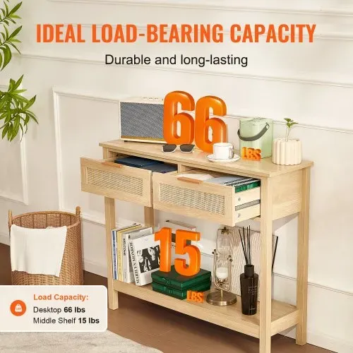 VEVOR Rattan-Konsolentisch mit 2 Schubladen, Rattan-Eingangstisch mit natürlicher Rattan-Schiebetür, Konsolen-Sofatisch für Wohnzimmer, Arbeitszimmer, Eingangsbereich oder Fernsehwand, Natur – Bild 3