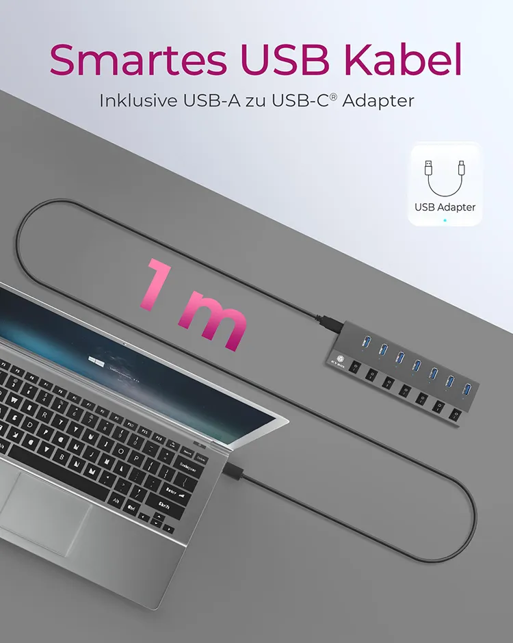 ICY BOX IB-HUB1701-C3, 7 Port USB 3.2 Gen 1 Type-A Hub, Aluminium Gehäuse, mit 7x USB Type-A, Type-A + Type-C Host, An-/Ausschalter für jeden Port – Bild 6
