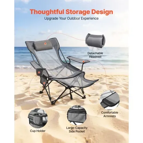 VEVOR Campingstuhl faltbar, Liegestuhl mit 4 verstellbaren Positionen, Relaxsessel Liege mit Getränkehalter, Netz-Strandstuhl mit Kopfstütze & Fußstütze, trägt 100 kg , für Outdoor Camping, grau – Bild 4