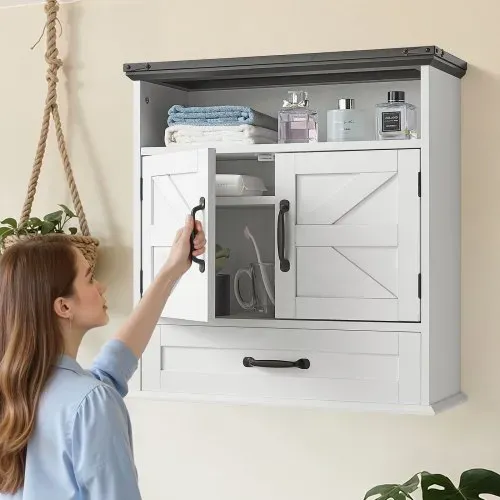 VEVOR Badezimmer Wandschrank Medizinschrank mit 2 Türen & verstellbaren Regalen, Aufbewahrungsschrank Hängeschrank Badezimmerschrank mit offener Trennwand & Schubladen für Küche, Toilette – Bild 7
