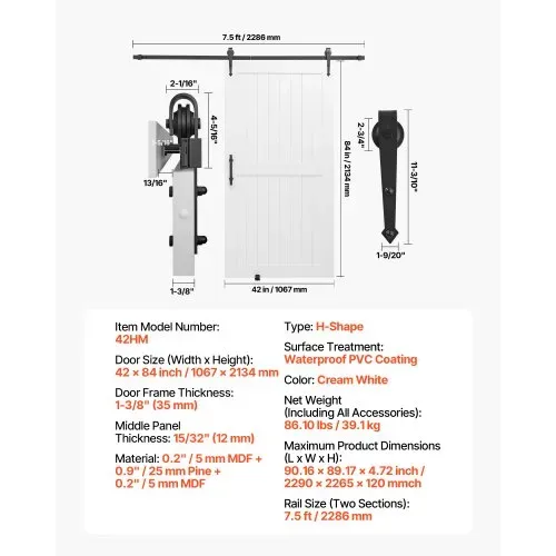 VEVOR Schiebetür im Scheunenstil Schiebetürsystem (1067 x 2134 mm) aus hochfesten MDF-Platten, Scheunentor mit Hardware-Kit & wasserfester PVC-Oberfläche & H-Rahmen für Wohnzimmer Badezimmer Weiß – Bild 6