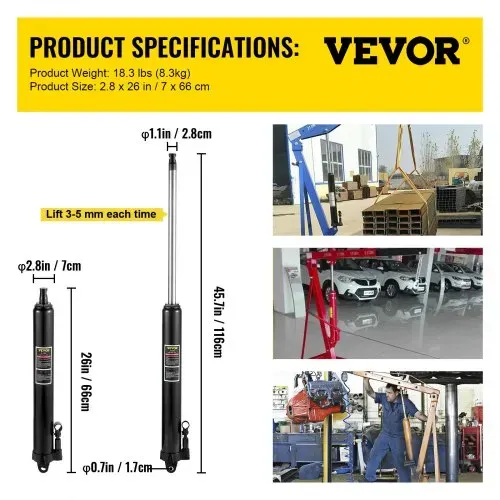 VEVOR Hydraulischer langer Rammheber, 3 t Kapazität, mit Einzelkolbenpumpe und Gabelkopfsockel, manueller Hubarbeitsbühnenheber mit Griff, für Garagen-/Ladenkräne, Motorhebevorrichtung, schwarz – Bild 6