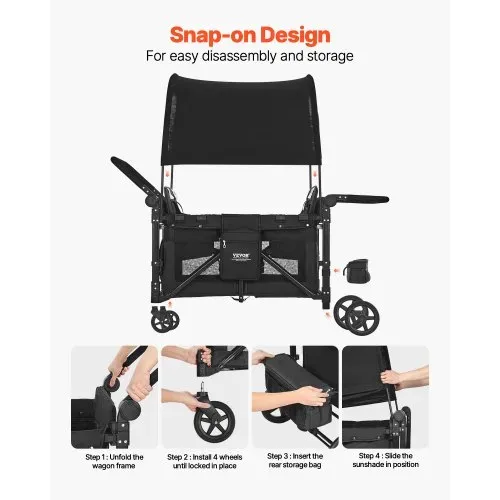 VEVOR 4-Sitzer-Kinderwagen, faltbarer Push-Pull-Kinderbuggy mit verstellbarem Griff, 5-Punkt-Sicherheitsgurt & abnehmbarem Verdeck, Bollerwagen für Camping, Schwarz (150 kg Tragkraft) – Bild 5