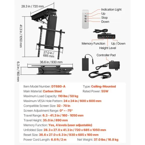 VEVOR motorisierte TV Deckenhalterung Halterung für 813 bis 1778 mm Fernseher, elektrischer verstellbarer herunterklappbarer Ständer mit max. VESA 60 x 60 cm, passend für Fernseher bis zu 50 kg – Bild 6