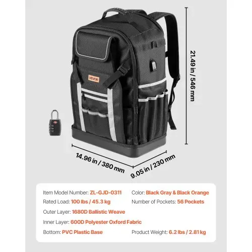 VEVOR Werkzeugrucksack, 56 Taschen, Werkzeug-Aufbewahrungstaschen mit geformtem Boden, Werkzeugtasche, Baustellenrucksack für Baustellen, Elektriker, Industrie, Reparaturen & Heizungstechniker – Bild 6