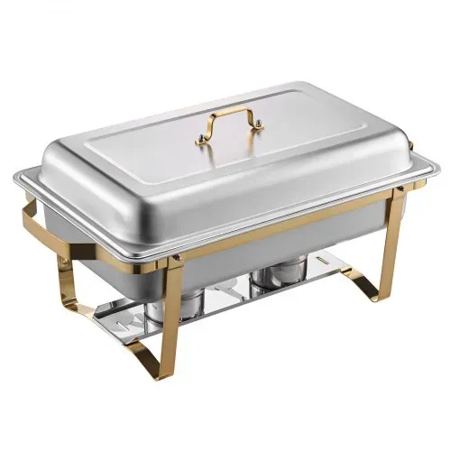 VEVOR Chafing Dish Set Speisenwärmer Edelstahl mit 2 Pfannen in voller Größe (7,5 L) & 4 halbgroßen Pfannen (4 L), rechteckiger Catering-Wärmespender mit Deckel & Wasserpfannenständer, Gold – Bild 9