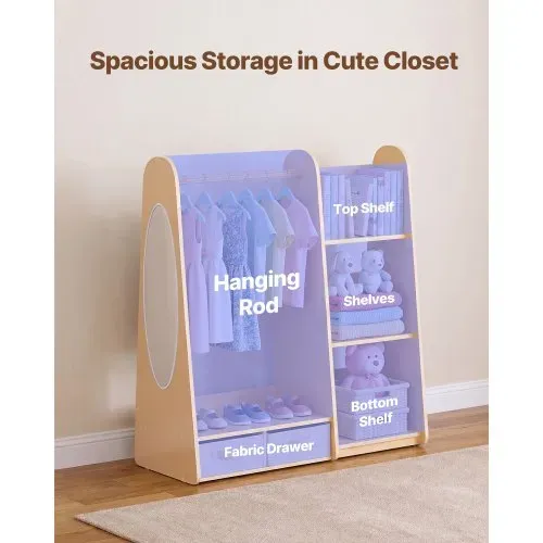 VEVOR Kinderkleiderschrank 98,5x40x106 cm, Kindergarderobe mit Spiegel Kleiderstange Ablagen, Verkleidungsschrank mit 2 Stoffschubladen für Mädchen, Kinderschrank für Kostüme Schlafzimmer, Naturholz – Bild 2