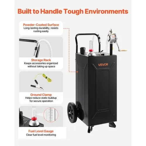 VEVOR 113,6L Kraftstofftrolley Mobile Tankanlage mit Handpumpe Schwarz, Tragbarer Kraftstofftank für Auto Rasenmäher Boot, Mit 2 Rollen & Ölstandsanzeige, Für Benzin & Diesel, Kohlenstoffstahl – Bild 5
