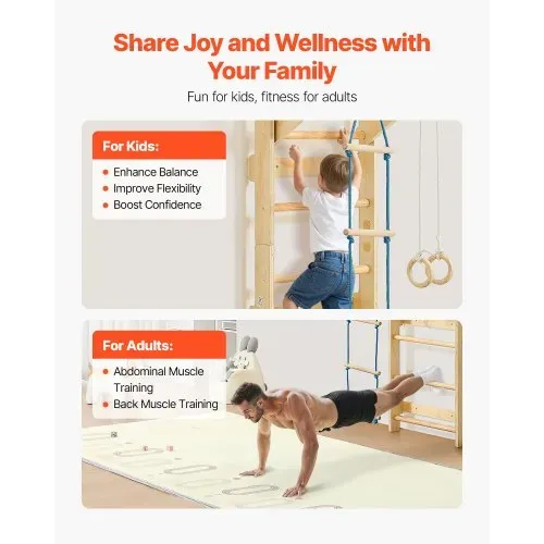 VEVOR schwedische Leiterwand 4 in 1 8-stufiges Kletterspielzeug aus Massivholz 100 kg belastbares Indoor-Klettergerüst mit Turnringen Klimmzugstange Strickleiter Wandleiter – Bild 2