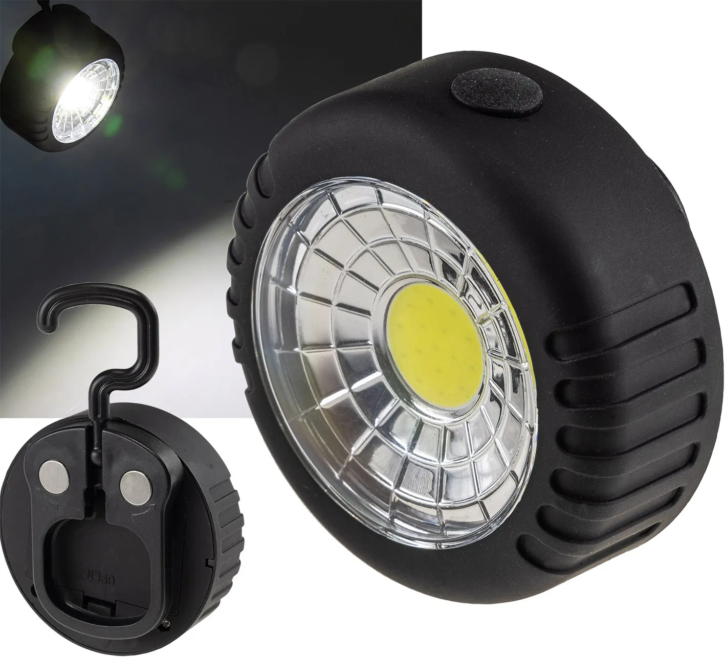 LED Arbeitsleuchte mit Magnet „COB 100“ 3x AAA Batterie, Haken, 75x35mm, 6000k LED Arbeitsleuchte mit Magnet „COB 100“ 3x AAA Batterie, Haken, 75x35mm, 6000k