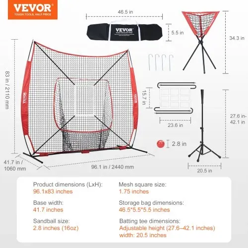 VEVOR 244 x 106 x 211 cm Baseball-Softball-Übungsnetz, Baseball-Trainingsnetz, Schlagen, Fangen, Pitchen, Backstop-Baseballausrüstung mit Bogenrahmen, Tragetasche, Schlagzone, Ball, Ballsammler – Bild 6