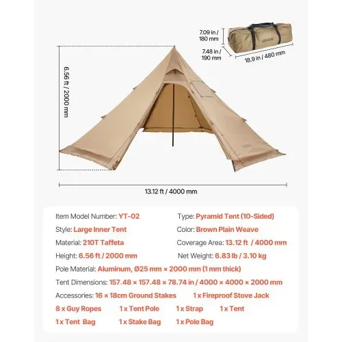 VEVOR Campingzelt für 4 Personen, tragbares Tipi-Zelt mit Ofenanschluss, Pyramidenzelt, leichte 4-Jahreszeiten-Schutzzelte zum Wandern, Angeln und Rucksackreisen, Größe M – Bild 6