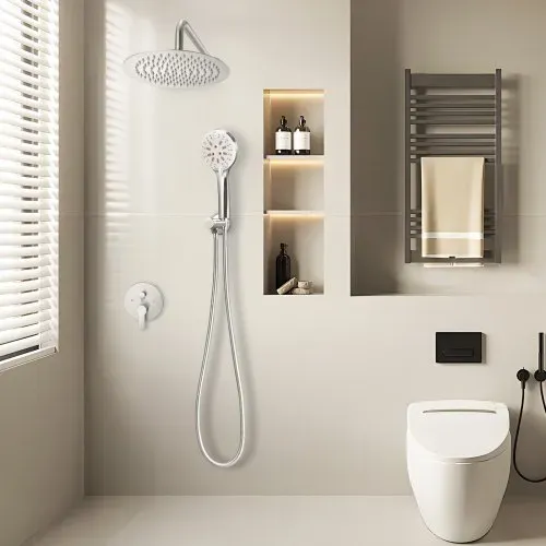 VEVOR Duscharmatur Regenduschsystem fürs Badezimmer Duschsystem mit 254 mm runden Regenduschkopf & Handbrause, wandmontierte Badezimmerarmaturen mit Messingventil & Zierset, gebürstetes Nickel – Bild 7