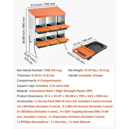 VEVOR 2-stöckiges Legenest 795x525x990 mm, 6 Fächer, Hühnernest aus Metall mit Stützbeinen, Geflügelnester, Abrollnest, ideal für Hennen, Enten, Hühner & anderes Geflügel, Orange – Bild 6