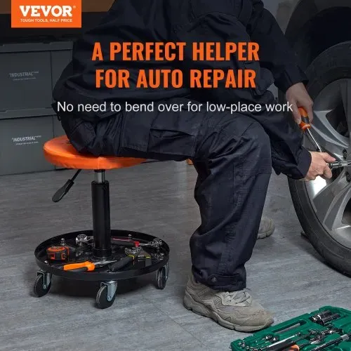 VEVOR Rollender Mechanikerhocker Werkstatthocker 113,4 kg, 406-559 mm Höhenverstellbarer Werkstattsitz, Werkstatthocker mit Werkzeugablage, für Garage, Geschäft, Autoreparatur, Schwarz + Orange