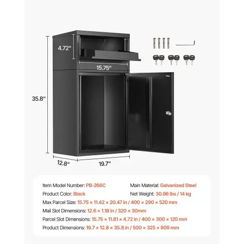 VEVOR Paketbriefkasten 500x325x909 mm, Paketkasten mit Schloss, Paketbriefbox aus verzinktem Stahl mit Diebstahlschutz-Design, Packstation für Zuhause und das Büro, Schwarz – Bild 6