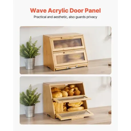 VEVOR Doppellagiger Brotkasten für Küchentheke Brotbehälter Brotbox Brot-Organizer aus Holz für selbstgebackenes Brot, Aufbewahrungsbehälter mit gewellter Acryl-Türplatte, Brotaufbewahrung Natur – Bild 4