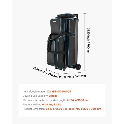 VEVOR Bowlingballtasche für 3 Bälle mit Doppelrollen & separatem Fach für Schuhe (bis US-Größe 16) & übergroßer Zubehörtasche, einziehbarer Griff lässt sich auf 105 cm ausziehen Schwarz + Blau – Bild 6