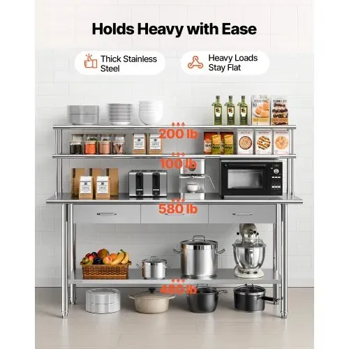 VEVOR Gastronomie Arbeitstisch 1829 x 610 x 1400 mm, Edelstahltisch mit Grundboden & 3 Schubladen & Doppelaufsatzbord, Gewerblicher Vorbereitungstisch Werkbank für Restaurant Garage Küchentisch – Bild 5