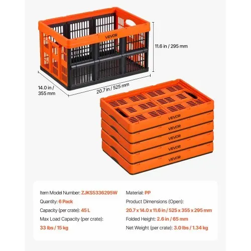 VEVOR Klappbox 45 L 6er-Pack, Faltbare Aufbewahrungsboxen aus Kunststoff, Stapelbare Klappkörbe mit Griffen, Tragkraft 15 kg pro Box, Klappkiste, Ideal für Haushaltsorganisation, Orange & Schwarz – Bild 6