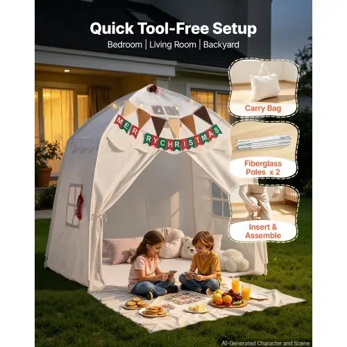 VEVOR Spielzelt Kinderzelt Tipi Zelt Kinderspielhaus 1500x960x1500 mm Beige, Möbel für Kleinkinder, mit Fiberglasrahmen, Gepolsterter Matte, Sternenlichtern, Tragetasche, Flagge & Atmungsaktivem Fenster – Bild 4