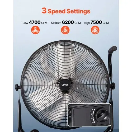 VEVOR Bodenventilator Ø609,6mm, Windmaschine 360° Neigbar, Standventilator mit 3 Geschwindigkeitsstufen, Trommelventilator Tragbar mit Griff Rollen & 1,6m Kabel, Industrie-Ventilator für Garage Lager – Bild 3