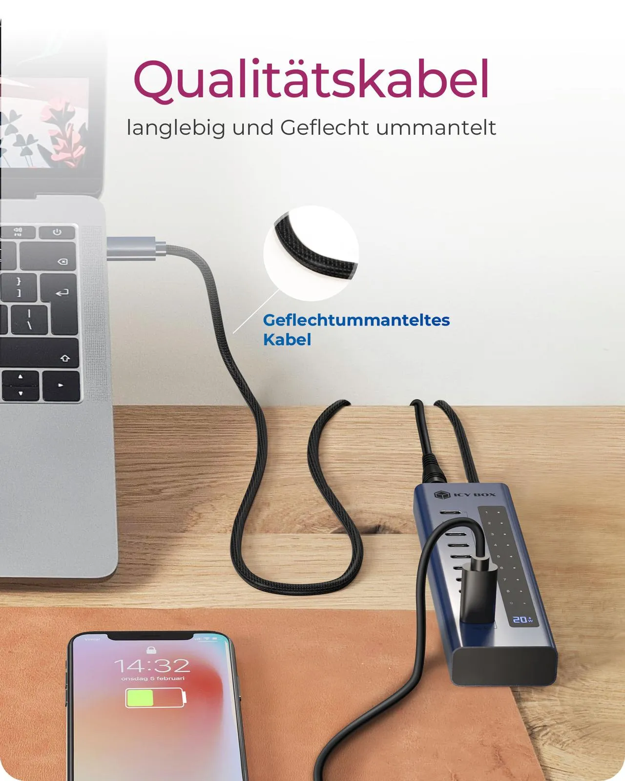 ICY BOX IB-HUB1450-C31, HUB mit 10x USB-C Ports, USB 3.2 Gen 2, 10 Gbit/s, mit 48W Netzteil, 1x PD 20W – Bild 6