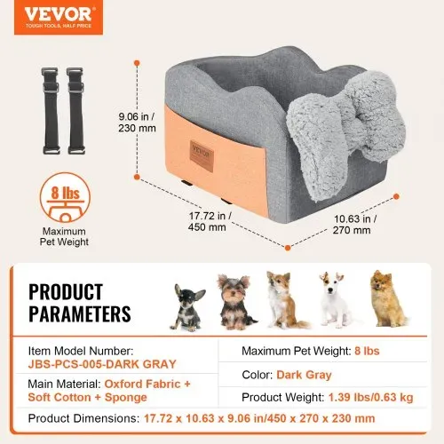 VEVOR Konsolen-Autositz für Hunde, Mittelkonsolen-Hundesitzerhöhung für kleine Hunde, Haustier-Autositz für die Autoarmlehne mit ansteckbarer Leine, verstellbare Gurte, trägt bis zu 8 lbs, Dunkelgrau – Bild 6