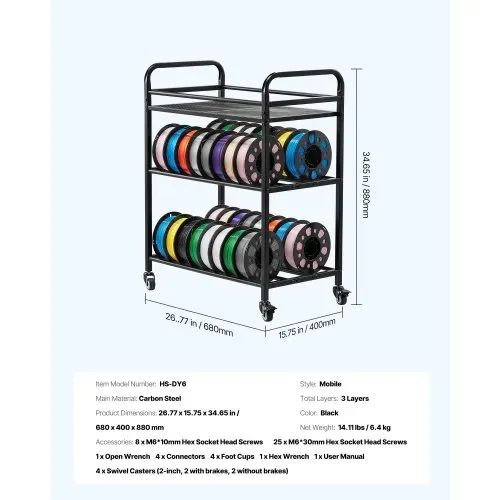 VEVOR Filament Lagerregal für 3D-Drucker, 3 Ebenen, 680 x 400 x 880 mm, Filamentspulenhalter auf Rädern, 3D-Druckerzubehör Organizer für 3D-Druckstudio, Büro, Werkstatt, Schwarz – Bild 6