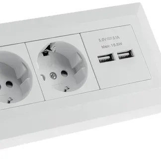 2-fach Steckdosenblock + 2x USB, weiß ma 250V~/ 16A, Aufbaumontage, USB 3,1A 2-fach Steckdosenblock + 2x USB, weiß ma 250V~/ 16A, Aufbaumontage, USB 3,1A