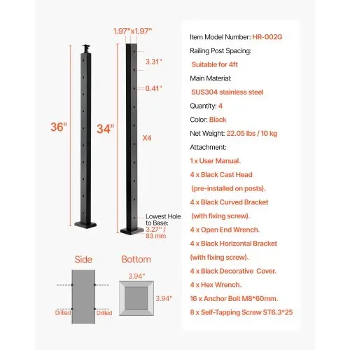 VEVOR Kabelgeländerpfosten, 4er-Pack, 914x50,8x50,8 mm, vorgebohrte horizontale Löcher, Edelstahl SUS304, gebogene horizontale Halterung, für Handlauf, Balustrade, schwarz, 4JZLGZXHS914MY65M001V0 – Bild 6