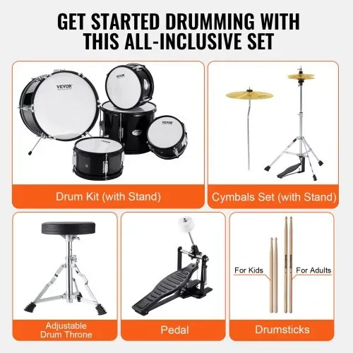 VEVOR Schlagzeugset für Kinder, 5-teilig, Anfänger-Schlagzeugset mit Bass-Toms, Snare, Standtrommel, verstellbarem Thron-Becken, Hi-Hat-Pedal und zwei Paar Drumsticks, für Kinder, schwarz – Bild 5