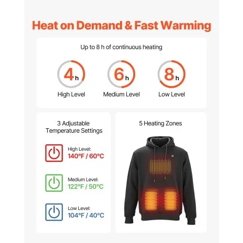 VEVOR Beheizbarer Hoodie, Unisex, Heizpullover mit 7,4 V 16000 mAh wiederaufladbarem Powerbank-Pack, 5 Heizzonen, 3 Temperaturstufen, 4–8 Stunden Wärme, für Winter-Outdoor-Camping, Schwarz, XXXL VEVOR Beheizbarer Hoodie, Unisex, Heizpullover mit 7,4 V 16000 mAh wiederaufladbarem Powerbank-Pack, 5 Heizzonen, 3 Temperaturstufen, 4–8 Stunden Wärme, für Winter-Outdoor-Camping, Schwarz, XXXL