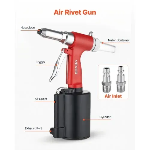 VEVOR Druckluft Nietmutternzange Set mit 4 Nasenstücken 2,4/3,2/4,0/4,8mm, Pneumatische Blindnietzange Set für Automobil Industrie Heimwerkerprojekt, 1100kg Zugkraft, Max. 16mm Hub, 360° Nietengriff – Bild 4