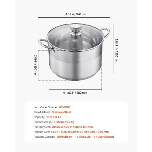VEVOR Edelstahl Kochtopf 11,4 L Großer Suppentopf mit Glasdeckel Induktionsgeeignet Hochwertiger Nudeltopf PFOA-frei PFAS-frei für Gasherd Elektrokochfeld Ideal für Eintöpfe Pasta Familienportionen – Bild 6