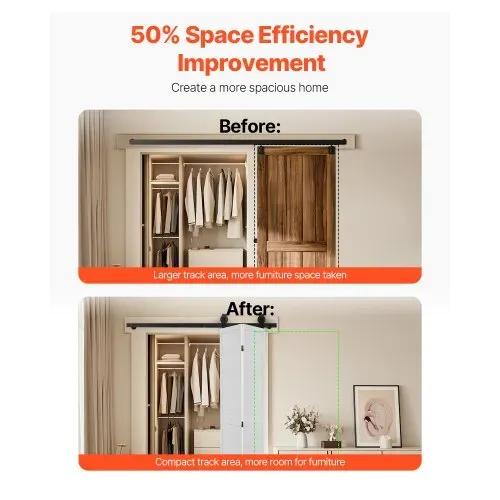 VEVOR Schiebetürsystem für faltbare Schiebetüren, 132 cm Laufschiene Schiebetürbeschlag, geeignet für zwei 61 cm große Schrank-, Speisekammer- & Wäschetüren (nicht im Lieferumfang enthalten) – Bild 2