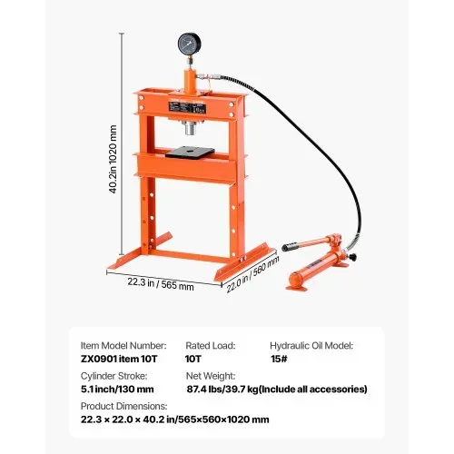 VEVOR hydraulische Werkstattpresse 10 t (H-Rahmen) mit Pressplatte, einstellbare Hydraulikpresse (Max. Zylinder 130 mm) mit Überdruckventil, geeignet zum Biegen & Richten & Stanzen Orange – Bild 6