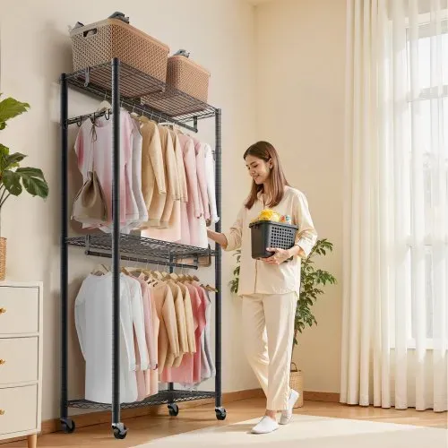 VEVOR Kleiderständer Garderobenständer auf Rollen (verstellbar) aus Karbonstahl mit 2 Kleiderstangen & 204 kg Tragkraft & 3 Regalen & 8 Haken, für Schlafzimmer Bekleidungsgeschäft Garderobe Flur – Bild 7